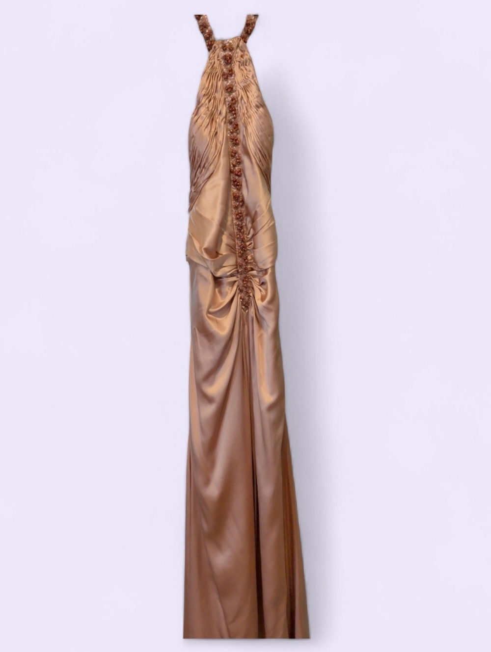Terani Couture Bronze Halter Maxi Gown